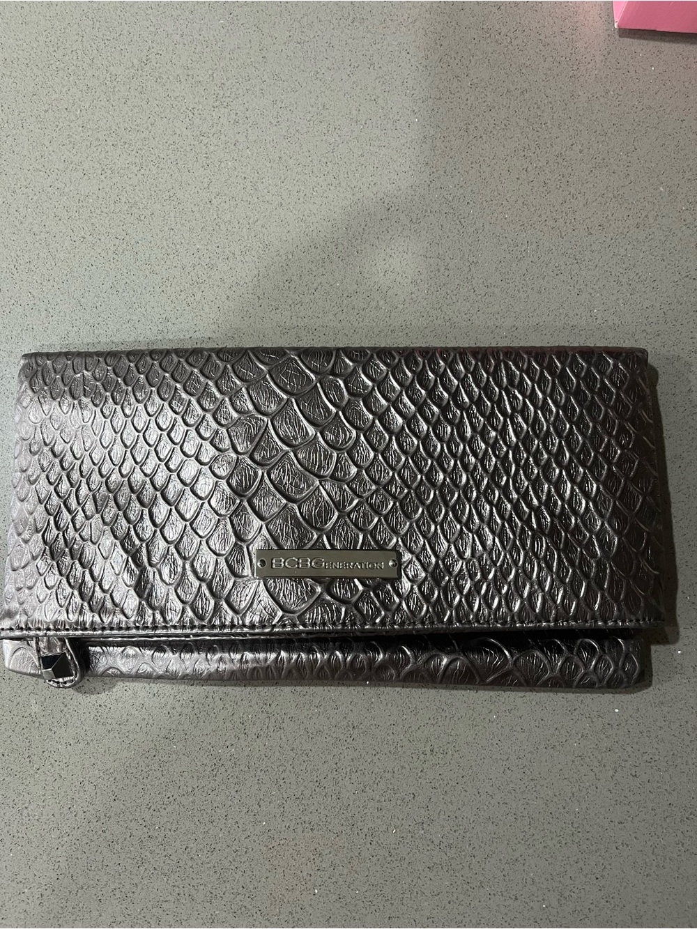 BCBGeneration Metallic Silver Textured Clutch Excellent Condition
